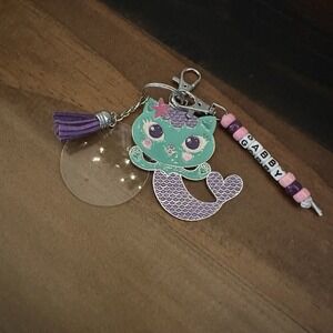 Handmade Mermaid Cat Keychain Gabby Beaded Charm Purple Tassel Cute Accessory